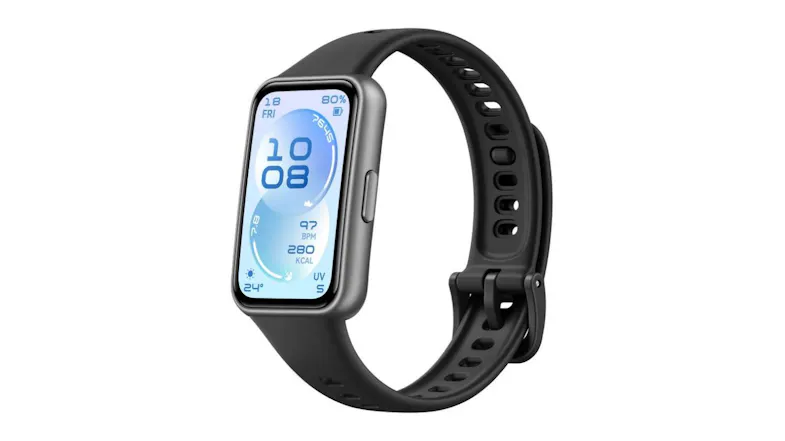 Angled view of the Huawei Band 11 showing its rectangular screen with a black fluoroelastomer strap Angled view of the Huawei Band 11 showing its rectangular screen with a black fluoroelastomer strap