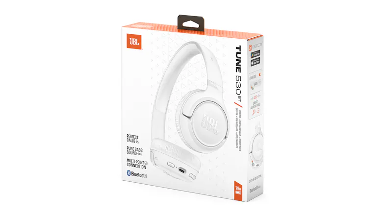 White and orange retail box of the JBL Tune 530BT headphones White and orange retail box of the JBL Tune 530BT headphones