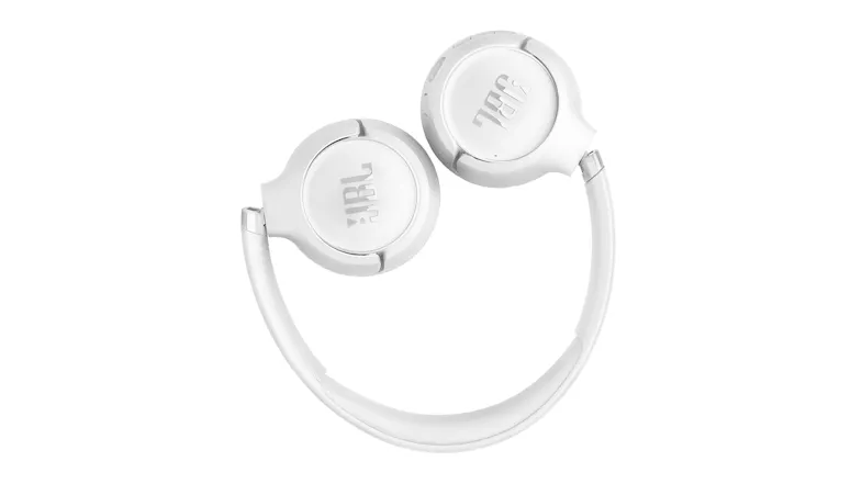 Top view of folded JBL headphones with silver logos Top view of folded JBL headphones with silver logos