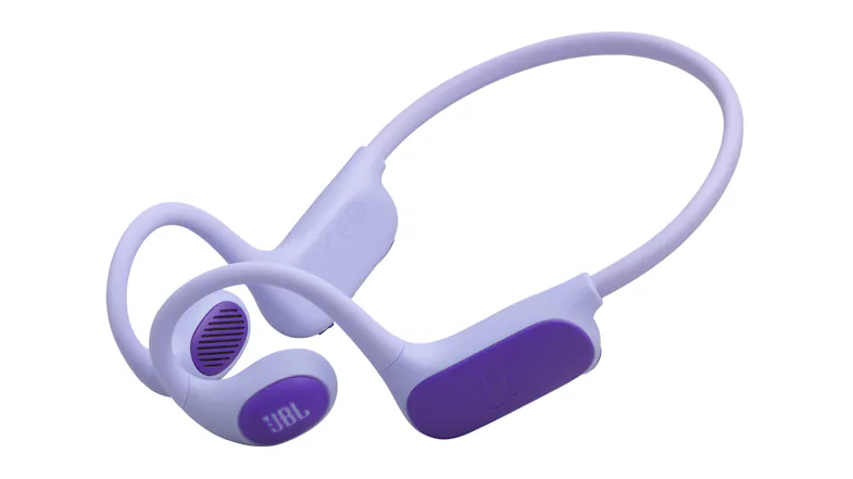 Angled side view of wireless headphones with JBL logo Angled side view of wireless headphones with JBL logo
