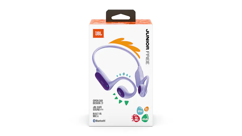 White and orange retail box of the JBL Junior headphones White and orange retail box of the JBL Junior headphones