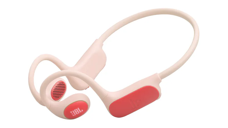 Angled side view of wireless headphones with JBL logo Angled side view of wireless headphones with JBL logo