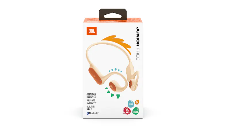 White and orange retail box of the JBL Junior headphones White and orange retail box of the JBL Junior headphones