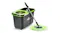 A side-by-side angled view of the Dr. Fussy Spin Mop and Bucket System in grey and black finish A side-by-side angled view of the Dr. Fussy Spin Mop and Bucket System in grey and black finish