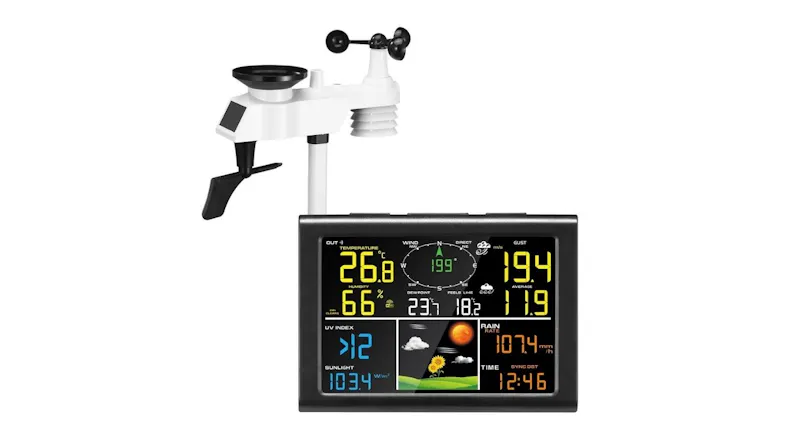 Maxkon 7‑in‑1 solar-powered wireless weather station with colour LCD and outdoor sensor measuring wind, rain, UV, and humidity Maxkon 7‑in‑1 solar-powered wireless weather station with colour LCD and outdoor sensor measuring wind, rain, UV, and humidity