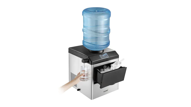 A Maxkon 22kg Benchtop Ice Maker with a large water bottle on top and a hand filling a glass with cold water A Maxkon 22kg Benchtop Ice Maker with a large water bottle on top and a hand filling a glass with cold water