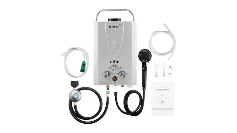 Portable Maxkon gas‑powered 10L water heater with accessories, including hose, shower head, wrenches, and regulator Portable Maxkon gas‑powered 10L water heater with accessories, including hose, shower head, wrenches, and regulator
