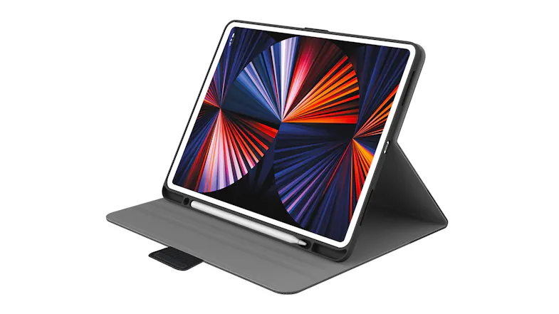 Front view of Cygnett TekView iPad case in grey, propped in stand mode with Apple Pencil storage Front view of Cygnett TekView iPad case in grey, propped in stand mode with Apple Pencil storage