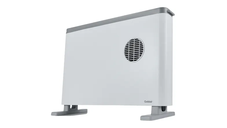White Goldair 2000W convector heater with grey trim shown at a slight angle White Goldair 2000W convector heater with grey trim shown at a slight angle