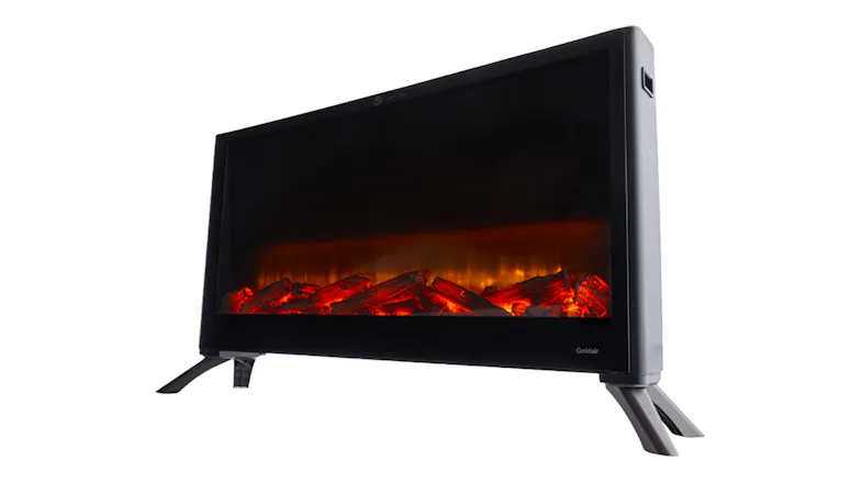 Black Goldair 2000W flame‑effect convector heater showing a wide front display with glowing ember logs Black Goldair 2000W flame‑effect convector heater showing a wide front display with glowing ember logs