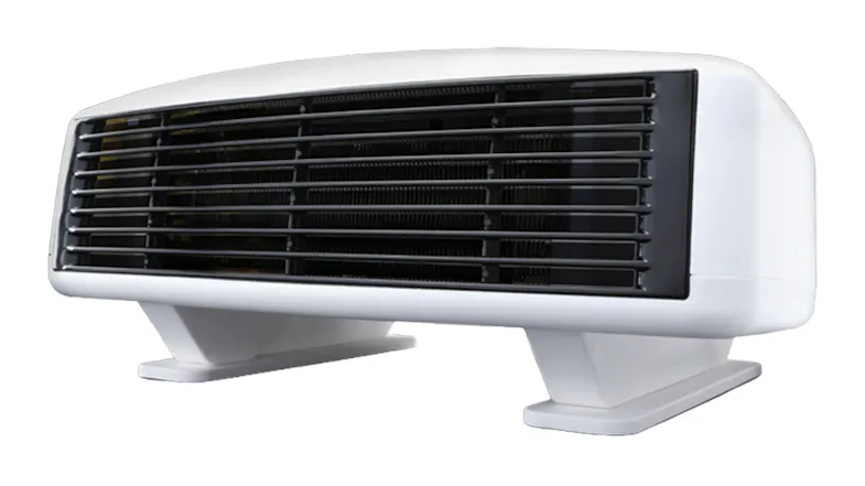White Goldair 2400W fan heater close-up, featuring a wide black front grille White Goldair 2400W fan heater close-up, featuring a wide black front grille