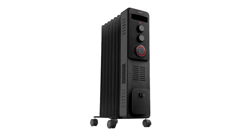 Angled Black Goldair 1900W 7‑fin oil column heater, featuring multiple fins, vents, and four caster wheels Angled Black Goldair 1900W 7‑fin oil column heater, featuring multiple fins, vents, and four caster wheels
