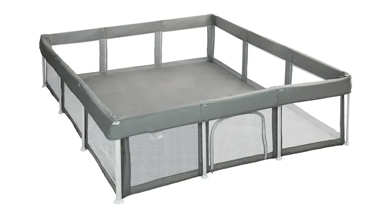High-angle view of a grey Bopeep 180x180cm mesh baby playpen with a zipper door High-angle view of a grey Bopeep 180x180cm mesh baby playpen with a zipper door