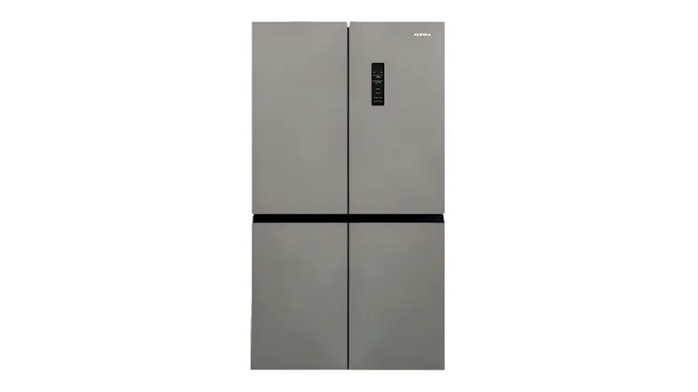 Front view of a Konka 474L Quad Door Fridge Freezer in sleek grey with a digital display Front view of a Konka 474L Quad Door Fridge Freezer in sleek grey with a digital display
