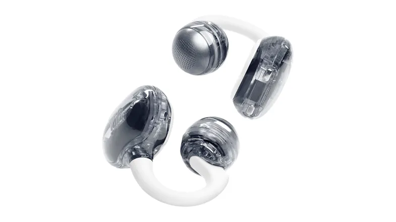 A pair of JBL Soundgear Clips True Wireless Open-Ear Headphones in a sleek white colour A pair of JBL Soundgear Clips True Wireless Open-Ear Headphones in a sleek white colour