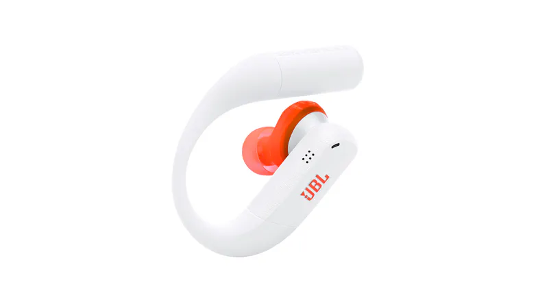 Angled side view of a headphone with the JBL logo Angled side view of a headphone with the JBL logo
