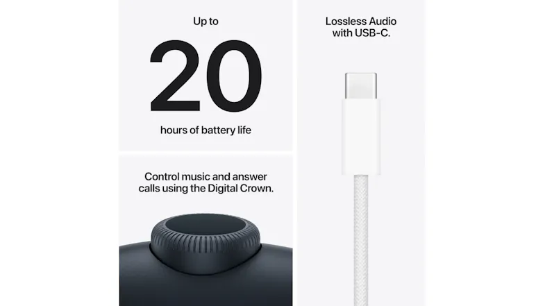 An infographic that explains the headphone’s 20 hours battery life, digital crown, and USB-C cable An infographic that explains the headphone’s 20 hours battery life, digital crown, and USB-C cable
