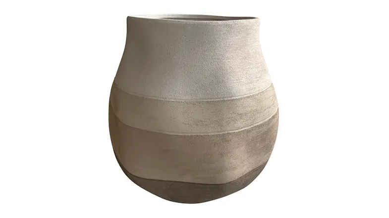 Sahara Stoneware Vase with a rounded silhouette and textured, earth-toned horizontal stripes Sahara Stoneware Vase with a rounded silhouette and textured, earth-toned horizontal stripes