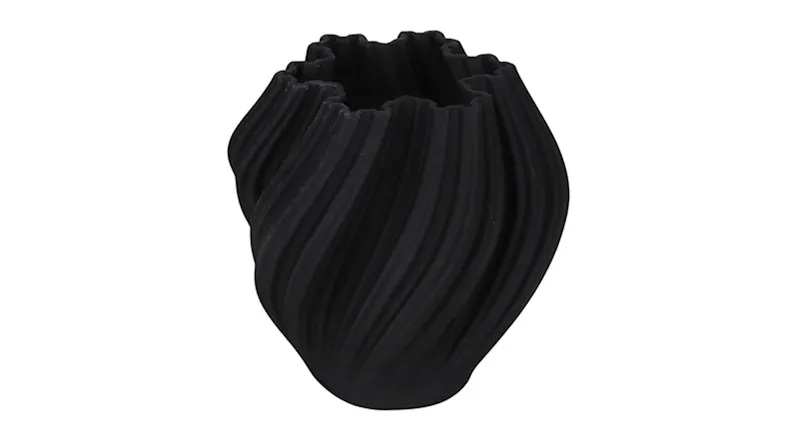 Modern black Amelie ceramic vase showing a textured twist pattern and unique jagged rim detail Modern black Amelie ceramic vase showing a textured twist pattern and unique jagged rim detail