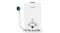 White portable water heater with three control knobs, digital temperature display, and an attached handheld shower head White portable water heater with three control knobs, digital temperature display, and an attached handheld shower head