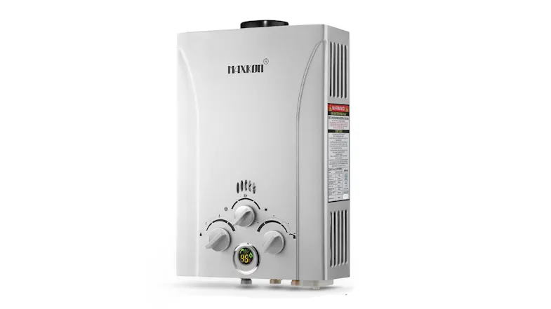 Front view of a silver Maxkon portable powered water heater with a rectangular metal body Front view of a silver Maxkon portable powered water heater with a rectangular metal body