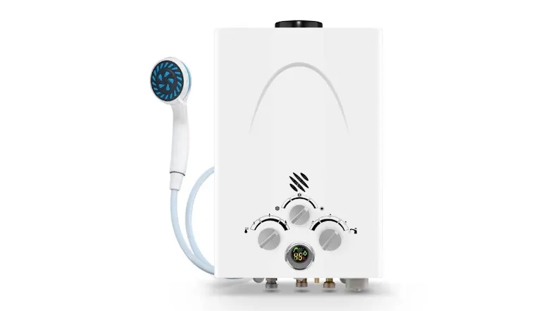 Front view of a white Maxkon portable powered water heater with a smooth rectangular body Front view of a white Maxkon portable powered water heater with a smooth rectangular body