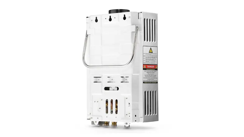 Rear view of the silver Maxkon portable powered water heater showing a stainless steel carry handle at the top Rear view of the silver Maxkon portable powered water heater showing a stainless steel carry handle at the top