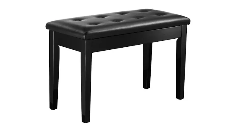 Front angled view of a black Melodic piano bench with a padded, tufted faux‑leather seat and wooden legs Front angled view of a black Melodic piano bench with a padded, tufted faux‑leather seat and wooden legs
