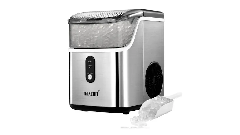 Stainless steel benchtop nugget ice maker filled with ice, featuring a digital control panel on the front Stainless steel benchtop nugget ice maker filled with ice, featuring a digital control panel on the front