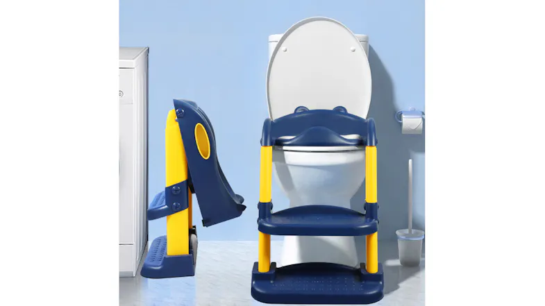 A front view of a bathroom toilet seat with the toilet ladder with stool attached A front view of a bathroom toilet seat with the toilet ladder with stool attached