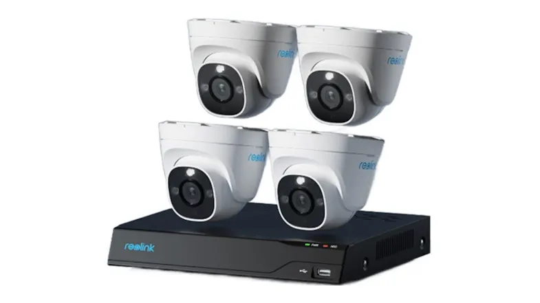 A front view of the Reolink NVS8‑8MD4 4K UHD security kit with four dome cameras and an 8‑channel PoE NVR A front view of the Reolink NVS8‑8MD4 4K UHD security kit with four dome cameras and an 8‑channel PoE NVR