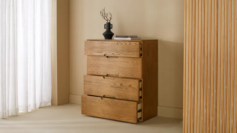 Resonance 4 Drawer Tallboy shown with the top three drawers partially open Resonance 4 Drawer Tallboy shown with the top three drawers partially open