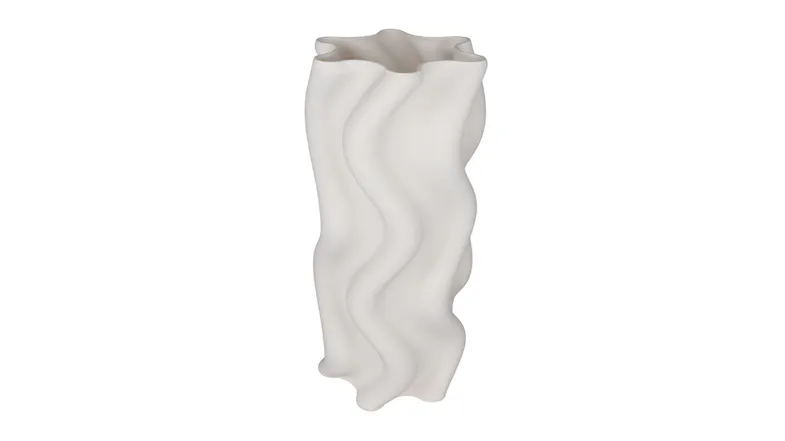 A modern Arti white ceramic vase with a distinctive flowing, 3D-ribbed texture A modern Arti white ceramic vase with a distinctive flowing, 3D-ribbed texture