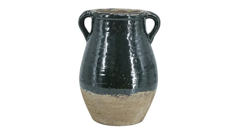 A dark green amphora‑style vase with a glossy upper half, matte sandy lower half, and two rounded side handles A dark green amphora‑style vase with a glossy upper half, matte sandy lower half, and two rounded side handles
