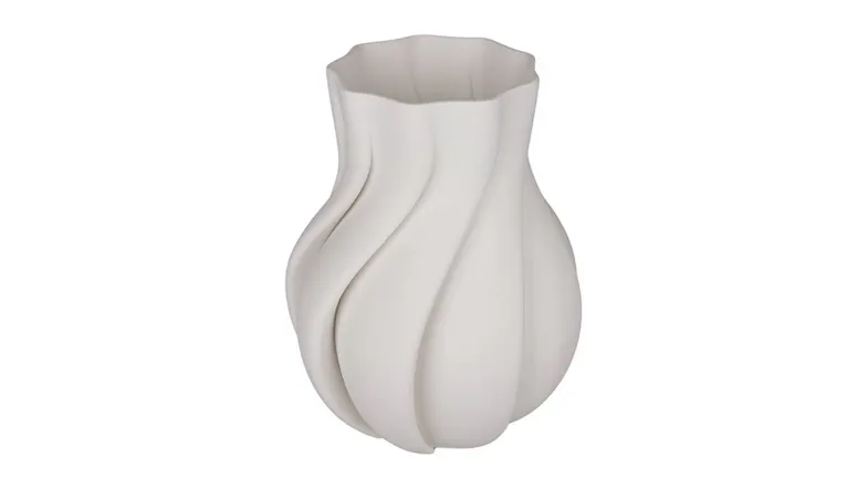 A white ceramic vase with a rounded body and sweeping twisted ridges that spiral upward to a slightly fluted rim A white ceramic vase with a rounded body and sweeping twisted ridges that spiral upward to a slightly fluted rim