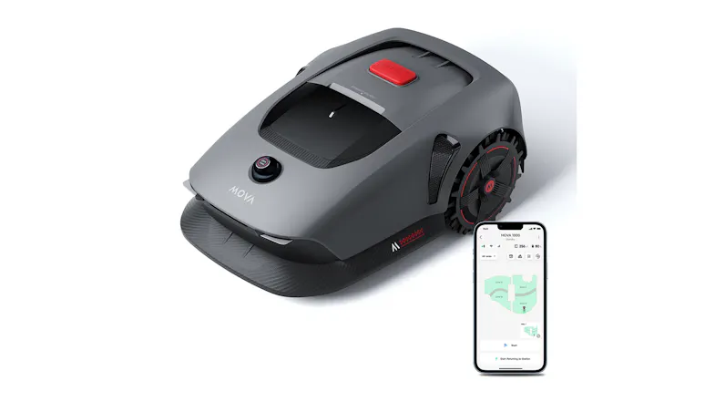Overhead view of the mower next to a smartphone showing a map app Overhead view of the mower next to a smartphone showing a map app