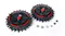 Two black spiked wheels with red accents and mounting hardware Two black spiked wheels with red accents and mounting hardware