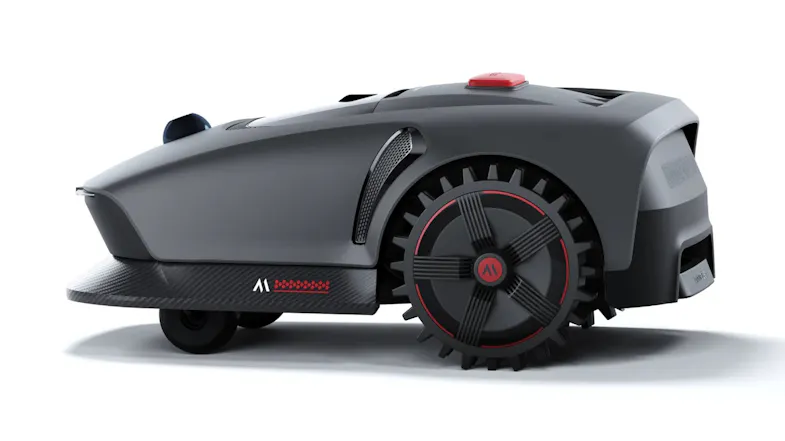 Side view of a sleek robotic mower with large treaded wheels Side view of a sleek robotic mower with large treaded wheels
