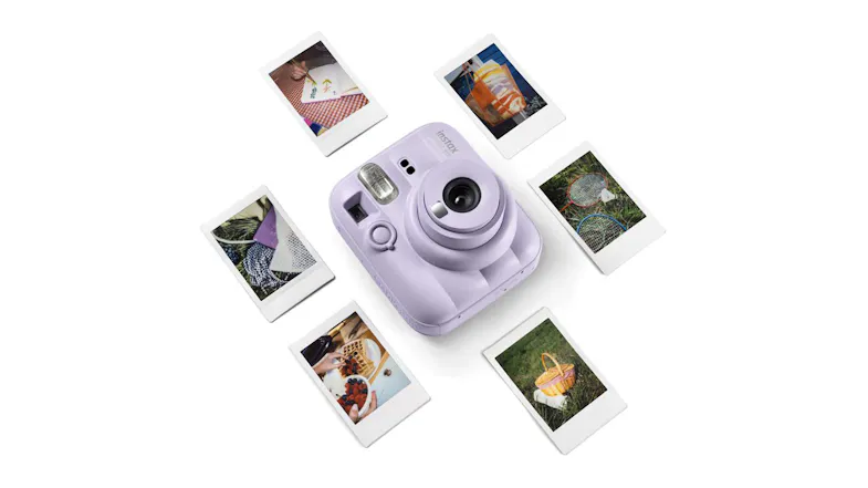 Instax Mini camera surrounded by six square photos Instax Mini camera surrounded by six square photos