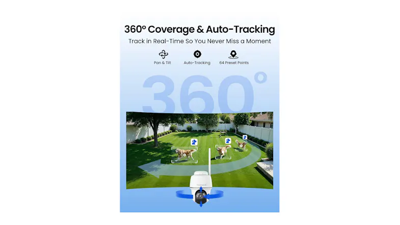 Outdoor security camera providing 360-degree coverage with pan, tilt, and auto-tracking for full backyard monitoring Outdoor security camera providing 360-degree coverage with pan, tilt, and auto-tracking for full backyard monitoring