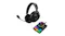 Angled view of the headset next to an illuminated audio mixer Angled view of the headset next to an illuminated audio mixer