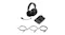 Headset shown with detachable mic, audio mixer, and three cables Headset shown with detachable mic, audio mixer, and three cables