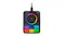 Top-down view of a black audio mixer with six colourful LED buttons Top-down view of a black audio mixer with six colourful LED buttons