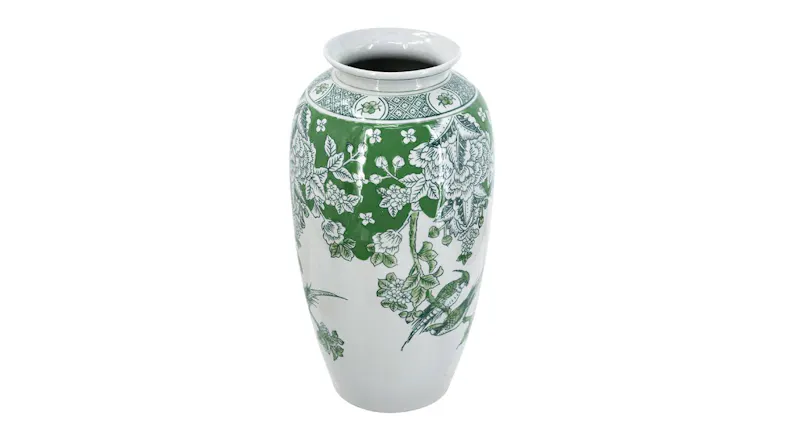 Angled top view of the same porcelain green and white vase, showing the open mouth and interior Angled top view of the same porcelain green and white vase, showing the open mouth and interior