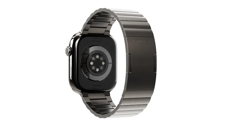 Rear view of the Apple Watch showing the heart rate sensor and back casing, attached to the bracelet Rear view of the Apple Watch showing the heart rate sensor and back casing, attached to the bracelet