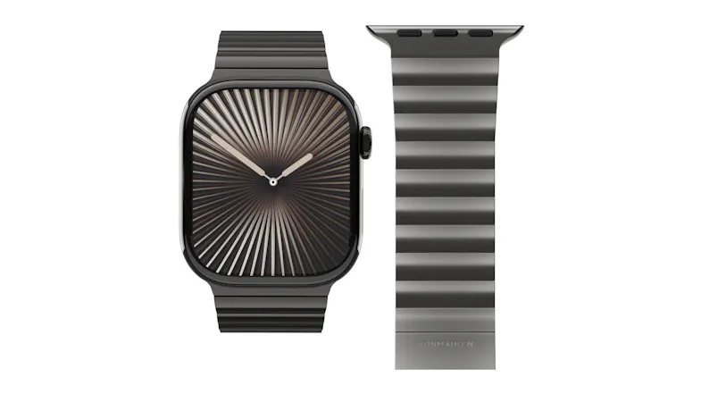 Front view of the Apple Watch next to the granite grey Link Bracelet Pro, laid flat Front view of the Apple Watch next to the granite grey Link Bracelet Pro, laid flat