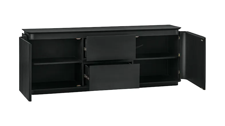 A black buffet table with open doors and drawers A black buffet table with open doors and drawers