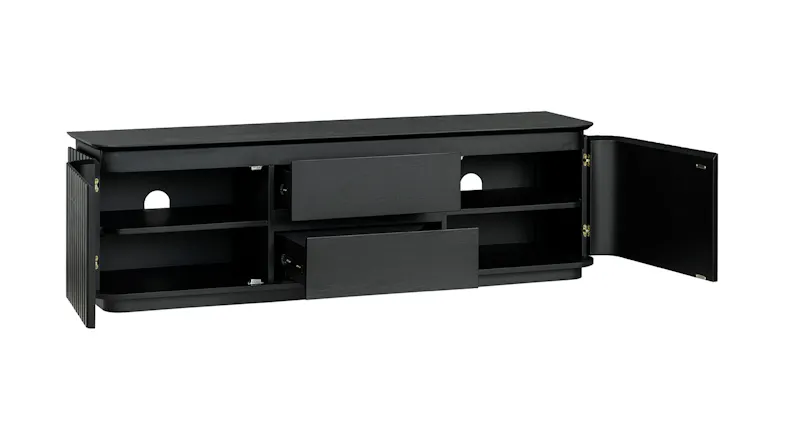 A black entertainment unit with open doors and drawers A black entertainment unit with open doors and drawers