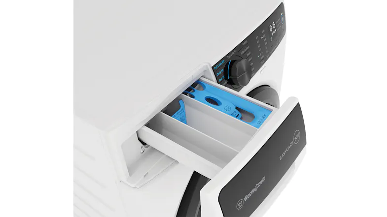 An open detergent drawer with compartments for liquid and soap An open detergent drawer with compartments for liquid and soap