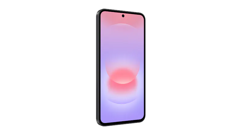 Perspective view from the left of the Samsung Galaxy A37 Smartphone with glowing screen Perspective view from the left of the Samsung Galaxy A37 Smartphone with glowing screen